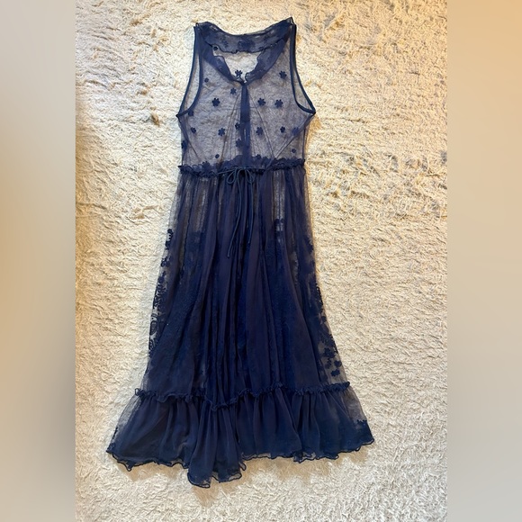 Free People Intimately Maxi Button Front Mesh Slip Dress w/ Collar Sz Small Navy - Picture 10 of 10